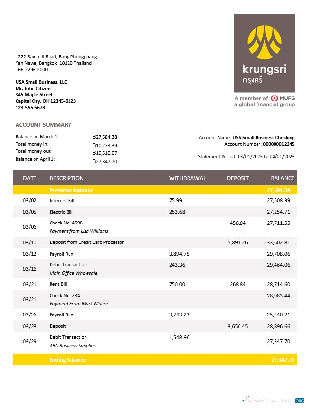 Download Krungsri Bank of Ayudha business statement Word and PDF template Photoshop template